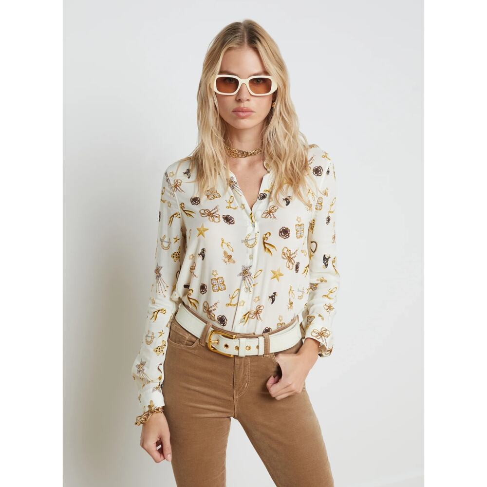 L'Agence Holly Blouse in the Ecru Multi Brooch Print Viscose Women's Size Small